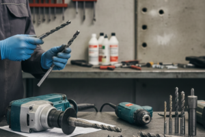 Marteau perforateur utilisé en atelier avec différents forets pour travaux de maintenance.