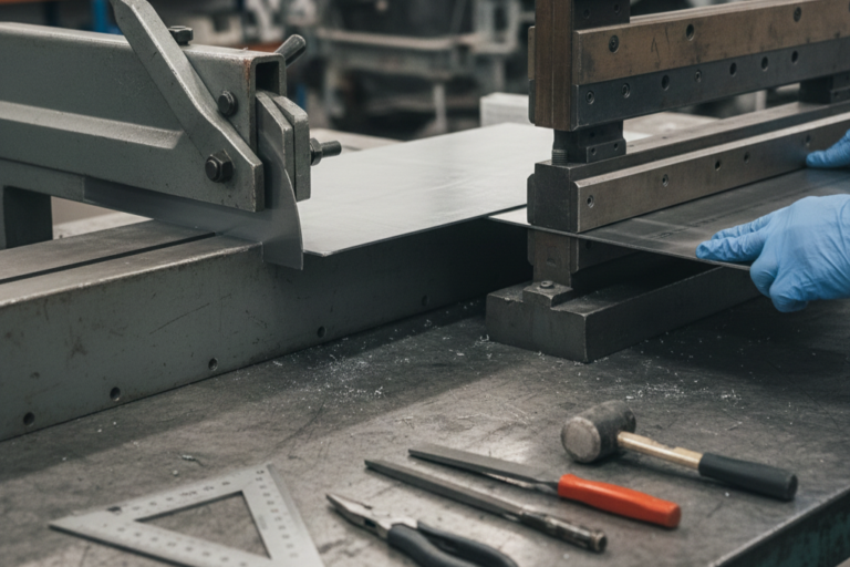 Cisaille et plieuse utilisées en atelier pour la réparation de pièces de carrosserie.