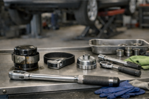 Établi d’atelier avec trois clés à filtre à huile (à ruban, à sangle et cloche), un filtre usagé et un filtre neuf à côté d’une clé dynamométrique, illustrant le choix du bon outil.