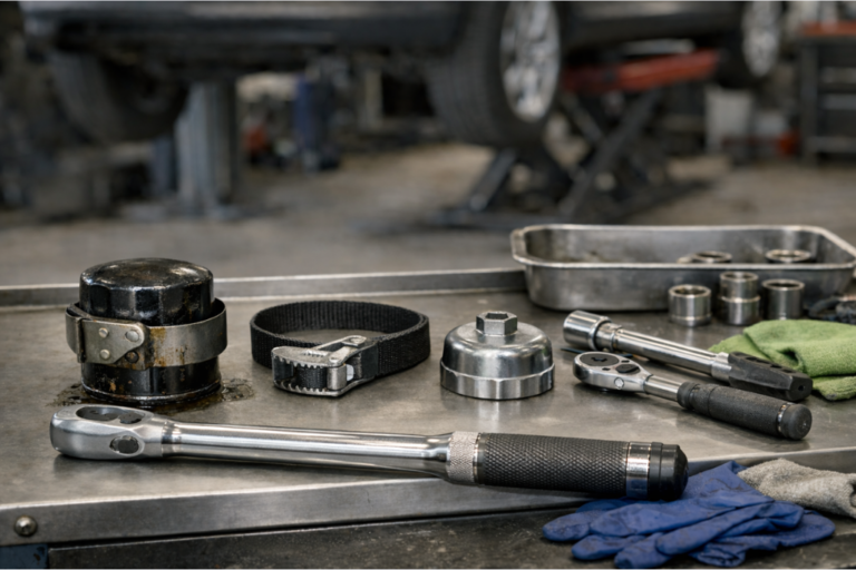 Établi d’atelier avec trois clés à filtre à huile (à ruban, à sangle et cloche), un filtre usagé et un filtre neuf à côté d’une clé dynamométrique, illustrant le choix du bon outil.