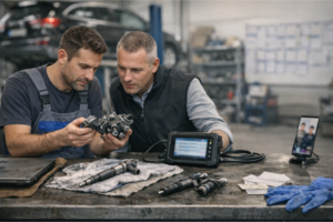 Technicien diesel en atelier effectuant un diagnostic sur un véhicule avec une valise de diagnostic, tandis qu’un second spécialiste observe un injecteur sur l’établi, illustrant la collaboration en réseau.