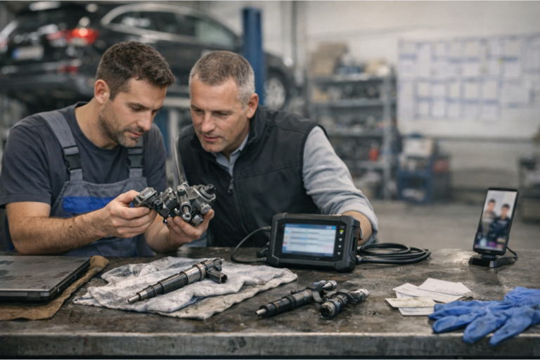 Collaborer avec un spécialiste : Les avantages d'un réseau de dieselistes pour le diagnostic et la réparation 4 Technicien diesel en atelier effectuant un diagnostic sur un véhicule avec une valise de diagnostic, tandis qu’un second spécialiste observe un injecteur sur l’établi, illustrant la collaboration en réseau.