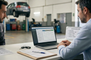 Empleado de taller o recepción usando un comparador de seguros en un ordenador, con fichas de vehículos y notas de flota sobre la mesa, ilustrando una herramienta de soporte al cliente.