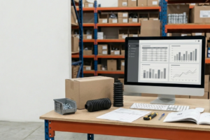 Équipe e-commerce analysant un comparatif de prix et de disponibilité de pièces sur un écran, avec des étagères de pièces auto en arrière-plan, illustrant le positionnement face aux leaders du marché.