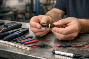 Técnico numa oficina a segurar um conector automotivo selado de 2 pinos ligado a uma tira LED 12V, com crimpadora, termorretrátil e multímetro sobre a bancada, ilustrando ligação correta de iluminação LED.