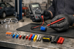 Mãos de um mecânico numa oficina a medir um conector elétrico automóvel com um multímetro, com vários tipos de conectores e termorretrátil organizados na bancada, ilustrando boas práticas de segurança.