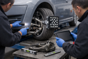 Technicien effectuant le contrôle de la géométrie des roues, illustrant le double pivot et le carrossage.