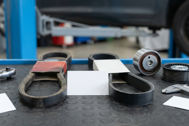 Técnico del taller comparando una correa trapezoidal y una correa Poli V en la transmisión auxiliar de un vehículo.