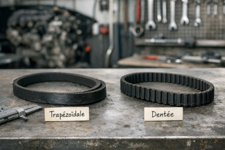Comparaison de courroies trapézoïdales et dentées avec exemples d’usure sur véhicule.