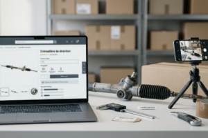 Écran d’ordinateur affichant une fiche produit de crémaillère de direction, avec une crémaillère métallique posée sur un établi et un technicien contrôlant une référence, illustrant la vente en ligne de pièce auto.