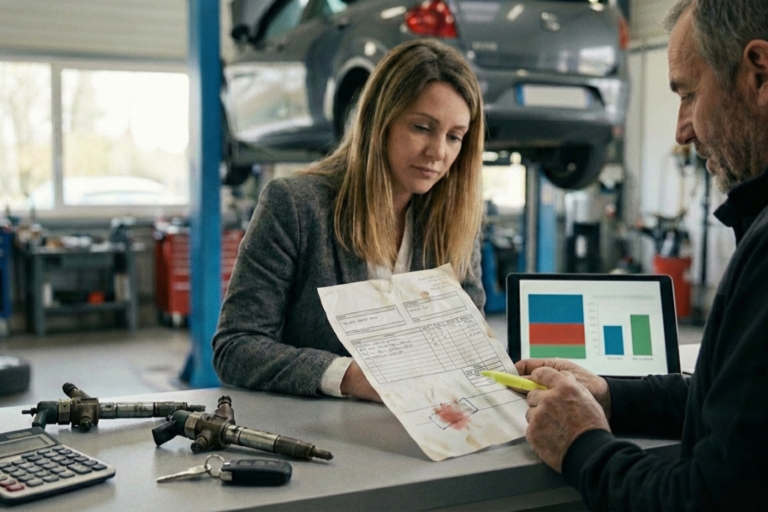 Mécanicien en atelier consultant un devis sur une tablette, avec des injecteurs diesel posés sur l’établi et un ordinateur en arrière-plan, illustrant l’optimisation du chiffrage.