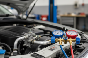 Technicien contrôlant la vanne de détente lors du diagnostic du circuit de climatisation automobile.