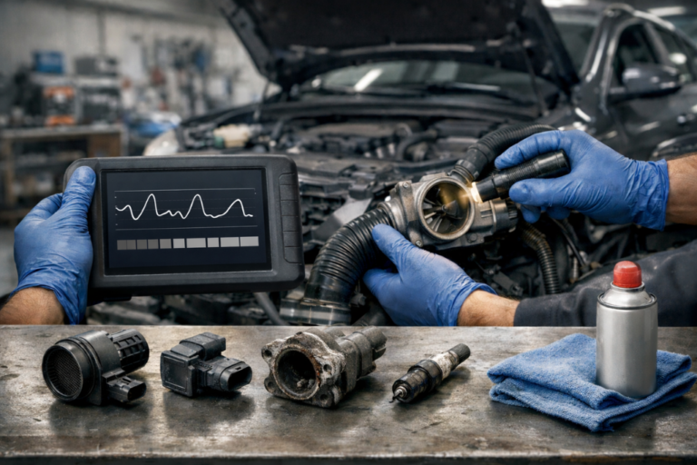 Technicien effectuant le diagnostic du ralenti moteur pour identifier les instabilités.