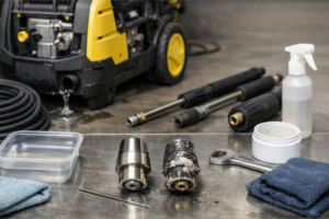 Technicien effectuant l’entretien d’un hydro-nettoyeur Karcher avec nettoyage des buses.