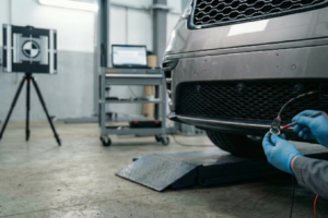 Técnico a diagnosticar e calibrar um sensor de estacionamento num veículo equipado com sistema ADAS, com ferramentas de medição visíveis na oficina.