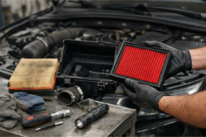 Filtro de ar desportivo: Como melhora a potência e o desempenho do seu carro 5 Mecânico numa oficina com a caixa do filtro de ar aberta, mostrando um filtro de ar desportivo tipo painel e um filtro original usado ao lado, com ferramentas na bancada, ilustrando a substituição para melhorar o fluxo de ar.