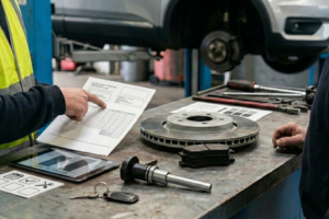 Technicien en atelier installant des disques et plaquettes de frein neufs sur un véhicule, avec l’ancien jeu posé sur un chariot à côté, illustrant un service de freinage en forfait.