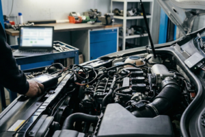 Técnico a analisar o ralenti de um motor com equipamento de diagnóstico, verificando sensores e a ECU numa oficina.