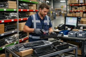 Magasin de pièces auto avec grilles de pare-chocs rangées en bacs, étiquetage flou, préparateur scannant une référence, illustrant l’optimisation de stock OEM/IAM.