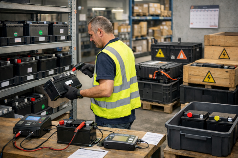 Entrepôt de pièces avec batteries 12V alignées sur étagères, zone de test avec pinces et testeur, et bac séparé pour batteries en quarantaine, illustrant la rotation et l’obsolescence.