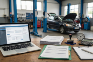 Empleado del taller gestionando altas, bajas y seguros sociales a través del Sistema RED en un ordenador.