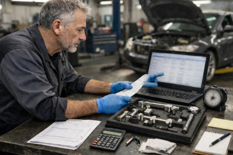 Investir dans l'outillage moteur spécifique: calcul du ROI pour l'atelier. 5 Mécanicien en atelier analysant un tableau de coûts sur un ordinateur, avec une mallette d’outillage moteur spécifique ouverte sur l’établi et un moteur en arrière-plan, illustrant le calcul du ROI.