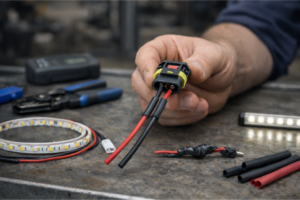 Mecânico numa oficina a realizar teste de CO₂ no líquido de refrigeração com o capô aberto, com ferramentas e kit de diagnóstico no carrinho, ilustrando verificação de junta da cabeça queimada.