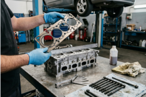 Motor con el capó abierto en un taller, mecánico realizando comprobación del sistema de refrigeración y herramientas de diagnóstico sobre un carro, ilustrando síntomas y reparación de junta de culata.