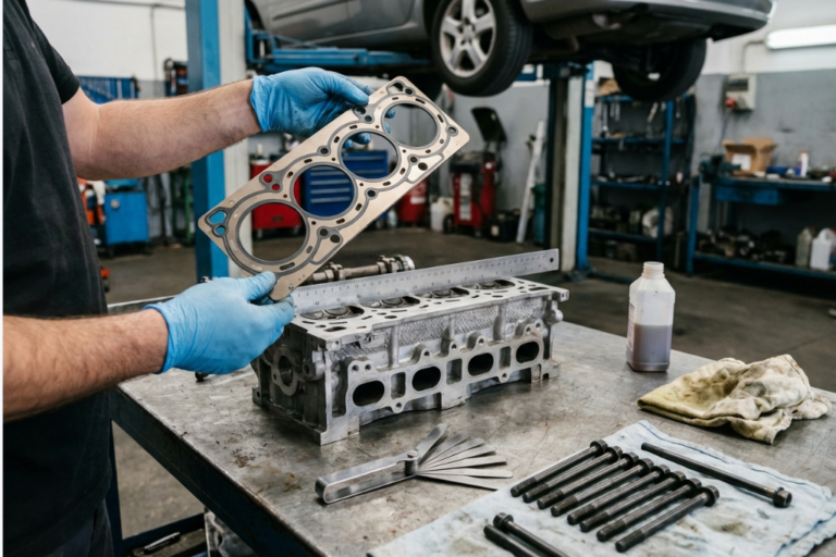 Motor con el capó abierto en un taller, mecánico realizando comprobación del sistema de refrigeración y herramientas de diagnóstico sobre un carro, ilustrando síntomas y reparación de junta de culata.