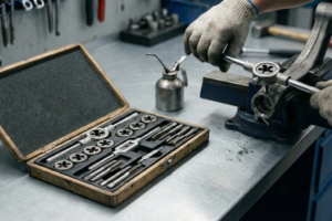 Técnico a utilizar kit de tarraxa manual e cossinetes numa bancada de oficina para recuperar roscas de precisão.