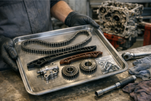 Bancada de oficina com um kit completo de corrente de distribuição organizado (corrente, tensor, guias/patins e pinhões), com um motor ao fundo desfocado, ilustrando a substituição completa do conjunto.