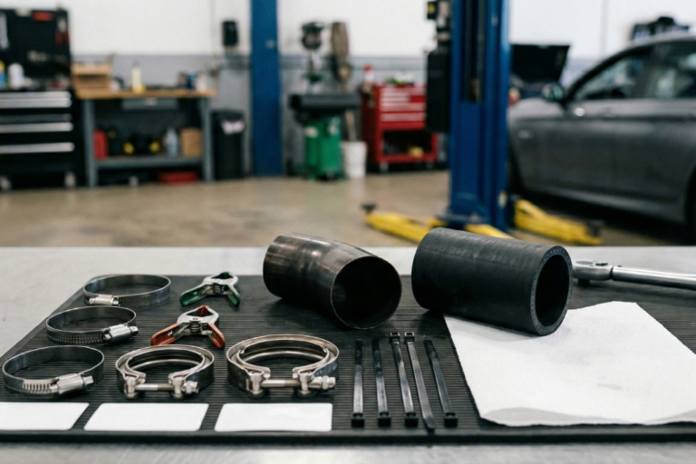 La Elección Correcta de Abrazaderas: Prevención de Fugas en Sistemas de Escape y Refrigeración 7 Técnico del taller instalando abrazaderas en el sistema de escape y refrigeración de un vehículo.