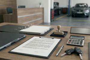 Administrador revisando documentación legal de talleres y concesionarios para asegurar cumplimiento de la Ley de Sociedades.