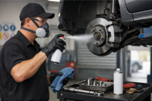 Mécanicien en atelier pulvérisant un nettoyant frein sur un étrier et un disque, avec lunettes et gants, bac de récupération et ventilation visible, illustrant un dégraissage sécurisé.