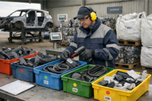 Centre VHU avec opérateur en EPI triant des plastiques PVC dans des bacs, balance de contrôle et étiquettes de traçabilité floues, illustrant la valorisation des plastiques.