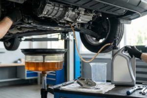 Técnico a verificar o nível e qualidade do óleo da transmissão CVT de um veículo numa oficina, com equipamento de medição e ferramentas visíveis.