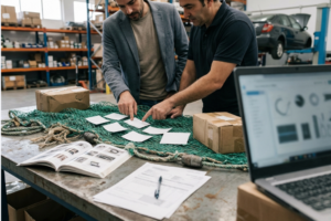 Red de arrastre en el mar vista desde un barco, con una superposición conceptual de notas de estrategia (sin texto legible), ilustrando la analogía entre método, segmentación y venta B2B de recambios.