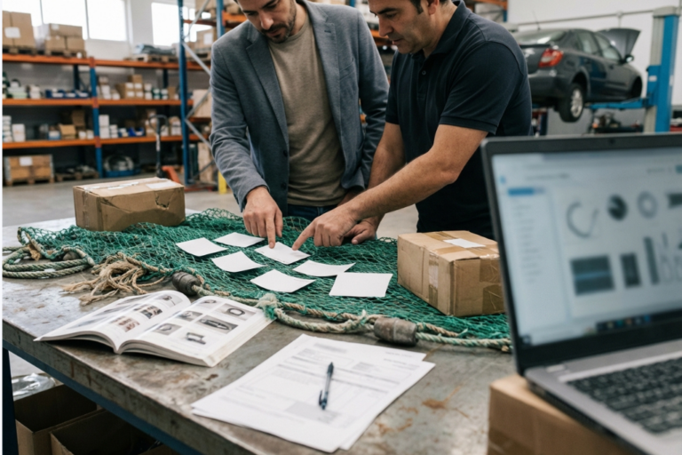 Pesca de Arrastre: Uso Metodológico en Marketing y Analogía con la Venta de Recambios B2B 1 Red de arrastre en el mar vista desde un barco, con una superposición conceptual de notas de estrategia (sin texto legible), ilustrando la analogía entre método, segmentación y venta B2B de recambios.