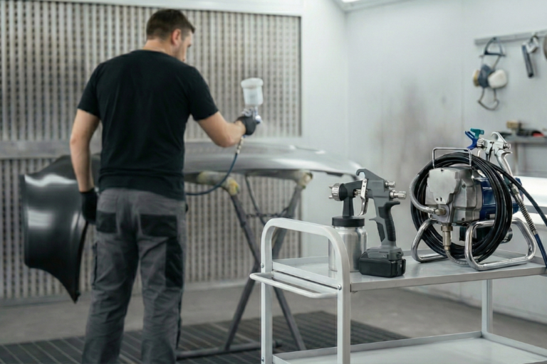 Pistola de Pintura a Bateria e Airless: O Futuro da Secção de Chapa & Pintura em Oficinas 3 Técnico a utilizar uma pistola de pintura a bateria e airless numa oficina de chapa e pintura, com cabos e equipamentos visíveis.