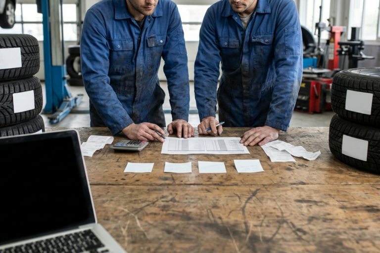 Pneus hiver et toutes saisons : Stratégie de stock et de vente pour maximiser la saisonnalité 6 Pneus hiver et pneus toutes saisons alignés sur des étagères dans un atelier, avec un technicien en arrière-plan, illustrant la gestion de stock saisonnière.