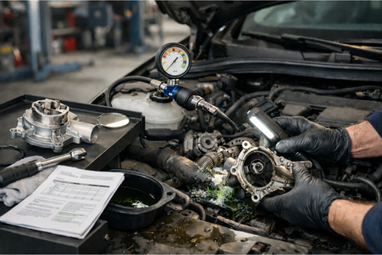 Mécanicien inspectant une pompe à eau sur un moteur récent, avec lampe d’inspection et traces de liquide de refroidissement visibles près de la poulie, illustrant le diagnostic de fuite et le remplacement.
