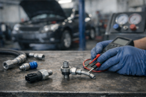 Technicien inspectant un pressostat automobile pour les systèmes de freinage et de climatisation.