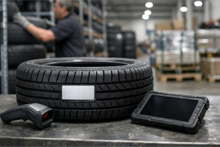 Neumático con etiqueta de trazabilidad tipo RFID en un banco de trabajo, junto a un lector de escaneo y una tablet en un almacén logístico.