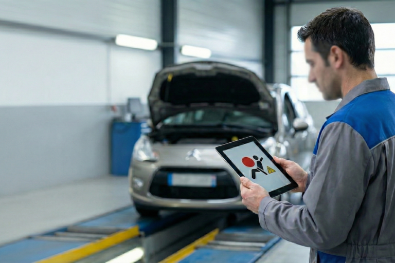 Técnico en un centro de control técnico revisando en una tablet una alerta de airbag frente a un coche en inspección.