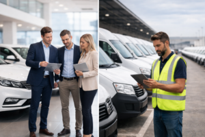 Showroom de renting con vehículos nuevos y pantalla mostrando que el renting alcanza el 25,74% del mercado en 2025, junto a una nave logística con flota de furgonetas donde supera el 42%.