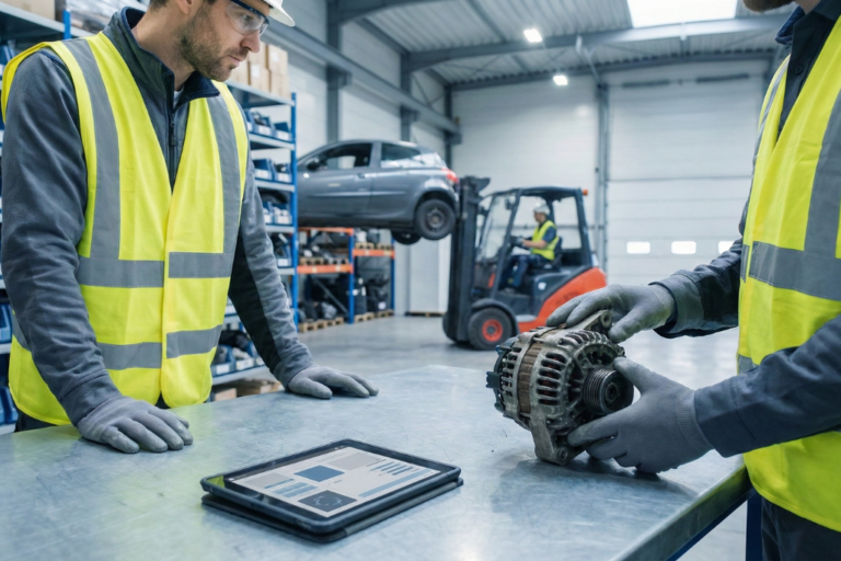 Operarios en un centro VHU inspeccionan un alternador reutilizable y registran la pieza en una tablet de inventario.