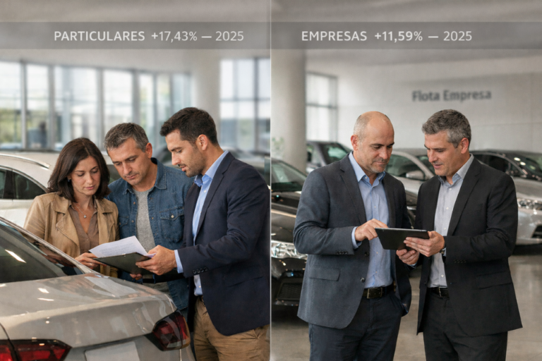 Imagen dividida en dos escenas de concesionario: a la izquierda, clientes particulares revisan documentación junto a un coche, con el dato “Particulares +17,43% — 2025”; a la derecha, dos profesionales revisan una tablet en zona de flota, con “Empresas +11,59% — 2025”.