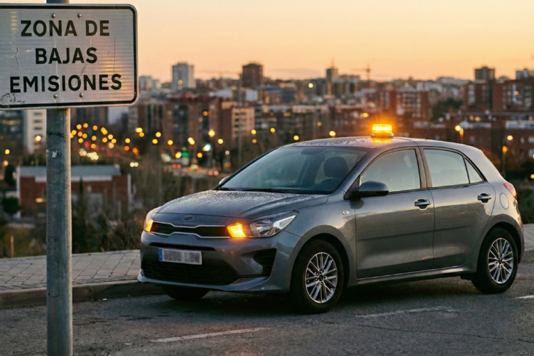 Coche detenido al atardecer junto a una señal de “Zona de Bajas Emisiones”, con baliza luminosa ámbar en el techo y ciudad al fondo.