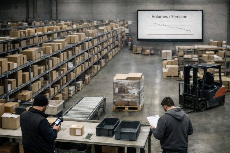 Entrepôt de distribution de pièces auto avec préparateurs de commandes, convoyeur peu chargé et écran affichant « Volumes / Semaine » en baisse, suggérant un ralentissement fin 2025.