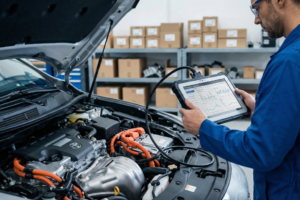 Mecánico revisando parámetros en una tablet de diagnosis conectada a un motor híbrido con cables de alta tensión naranjas, con estanterías de recambios al fondo.